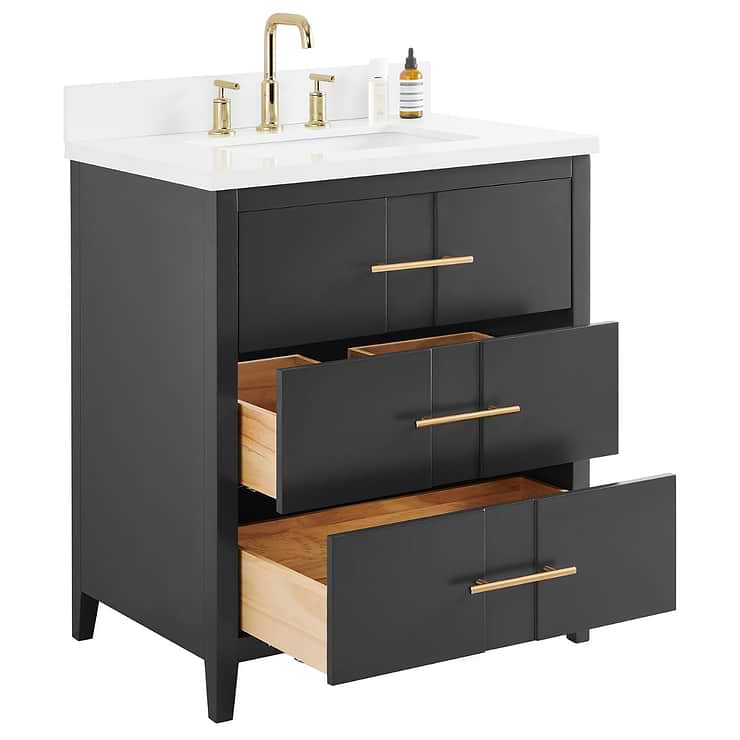 Iconic 30" Charcoal and Gold Vanity with Pure White Quartz Top and Ceramic Basin