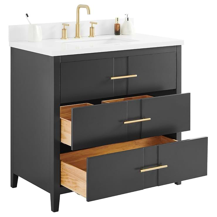 Iconic 36" Charcoal and Gold Vanity with Pure White Quartz Top and Ceramic Basin