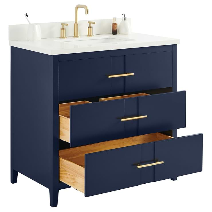 Iconic 36" Navy and Gold Vanity with Pure White Quartz Top and Ceramic Basin