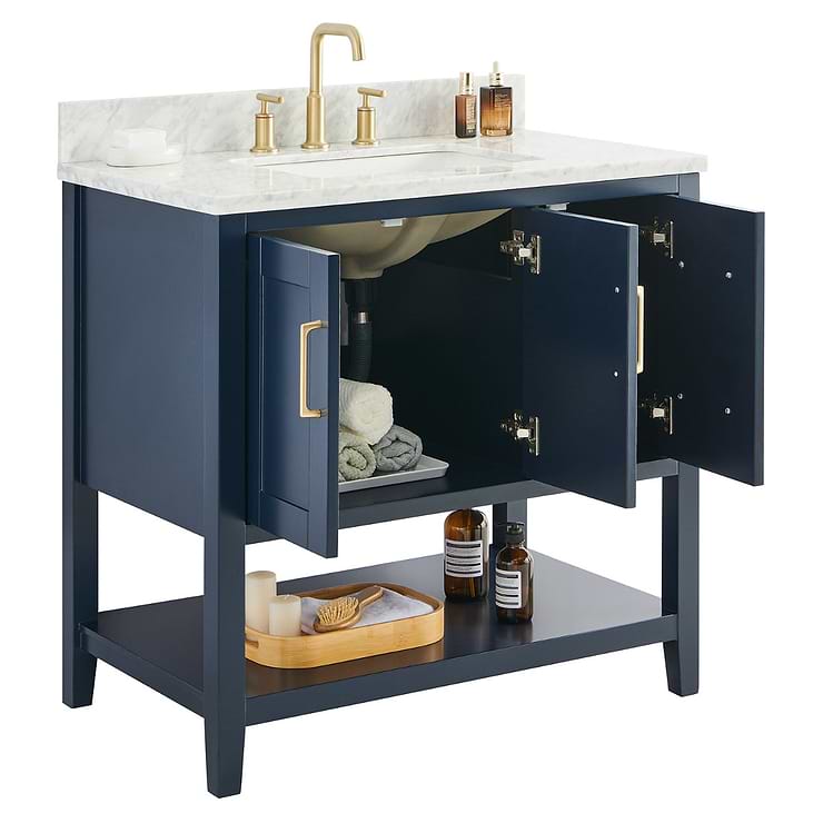 Sheraton 36" Navy Vanity with Carrara Marble Top and Ceramic Basin