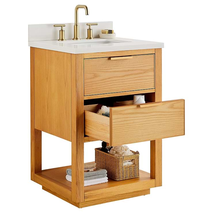 Dayton 24" Woodgrain Vanity with Pure White Quartz Top and Ceramic Basin