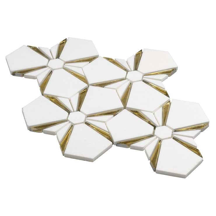 Euphoria Glass Arctic Gold Mixed Hexagon Polished Thassos Marble Mosaic Tile