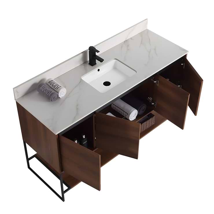 Amani 60" Walnut Brown Single Vanity with Sintered Stone Carrara Top