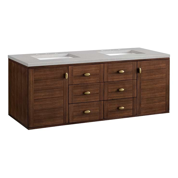 James Martin Vanities Amberly Mid-Century Walnut 60" Double Vanity with Eternal Serena Quartz Top