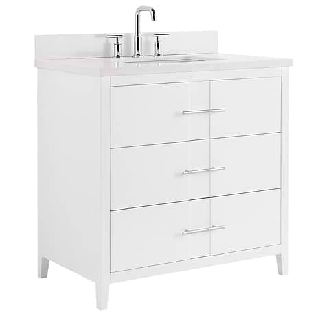 Iconic 36" White and Silver Vanity with Pure White Quartz Top and Ceramic Basin