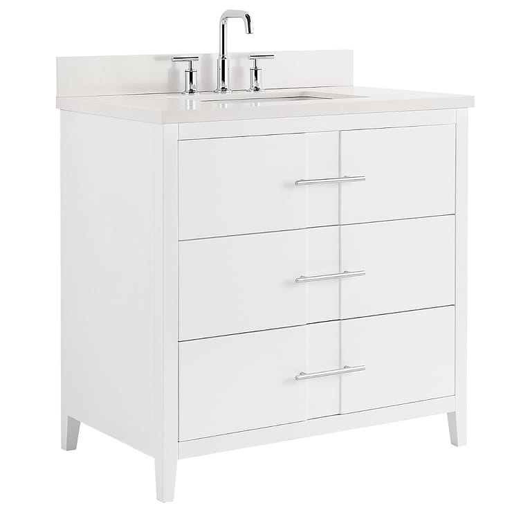 Iconic 36" White and Silver Vanity with Pure White Quartz Top and Ceramic Basin