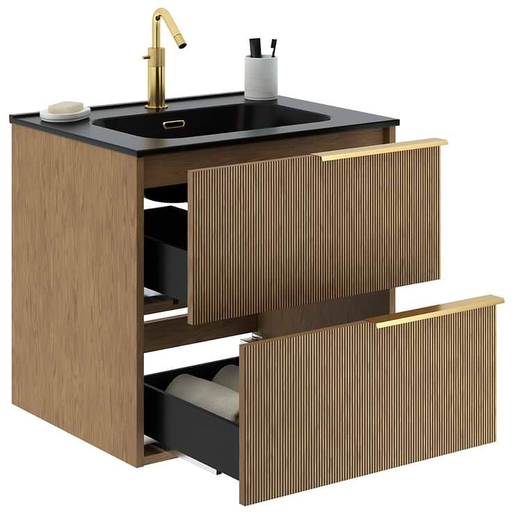 Kora Art Faux Fluted 24" Single Vanity with Integrated Black Ceramic Top & Gold Handles