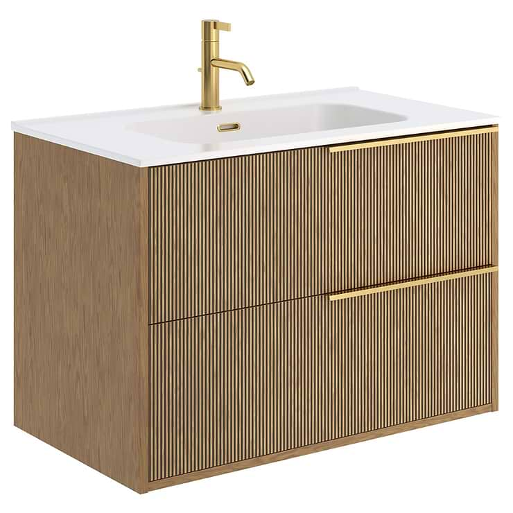 Kora Art Faux Fluted 32" Single Vanity with Integrated White Ceramic Top & Gold Handles