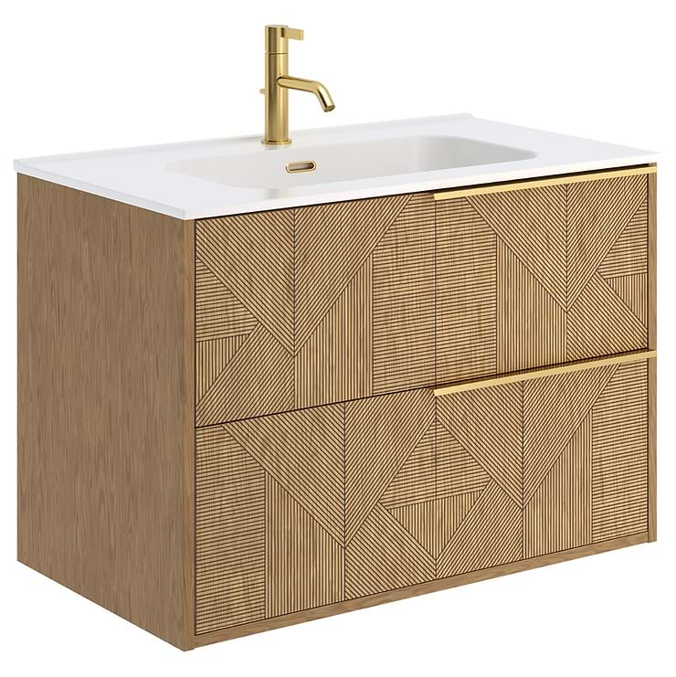 Kora Geo Faux Fluted 32" Single Vanity with Integrated White Ceramic Top & Gold Handles