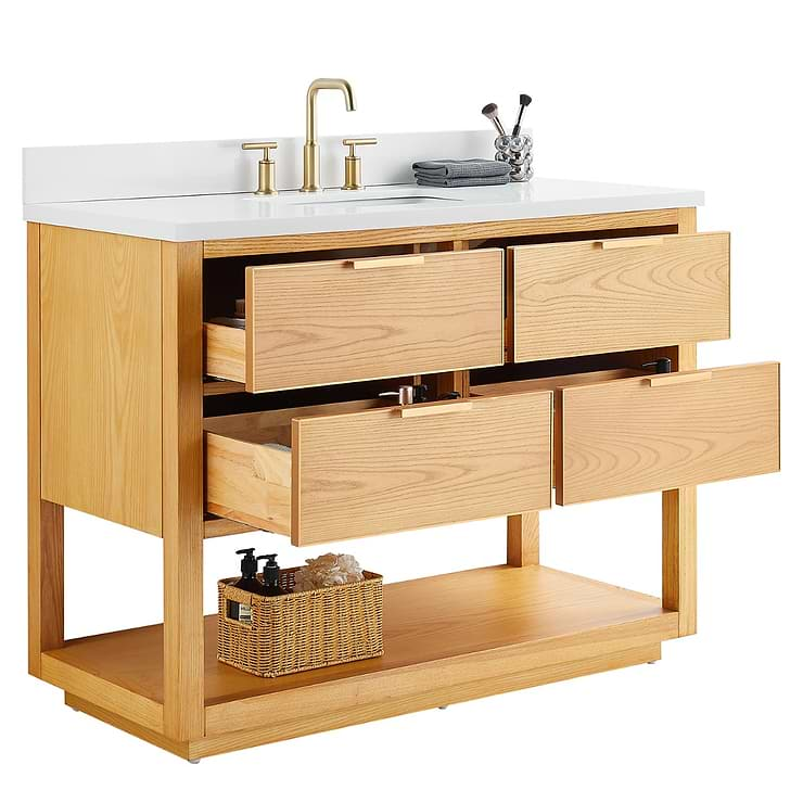 Dayton 48" Woodgrain Vanity with Pure White Quartz Top and Ceramic Basin