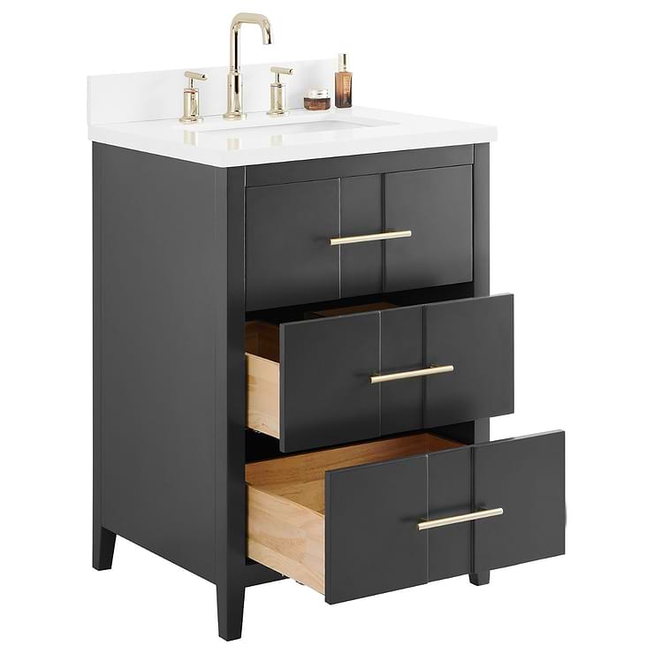 Iconic 24" Charcoal and Gold Vanity with Pure White Quartz Top and Ceramic Basin