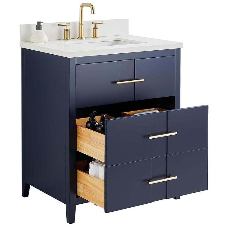 Iconic 30" Navy and Gold Vanity with Pure White Quartz Top and Ceramic Basin