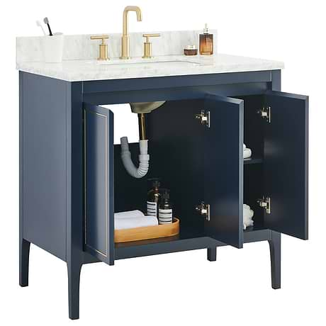 Province Navy and Gold 36" Single Vanity with Carrara Marble Top