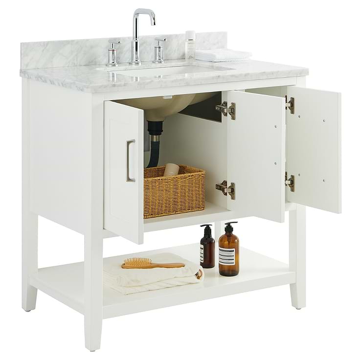 Sheraton 36" White Vanity with Carrara Marble Top and Ceramic Basin