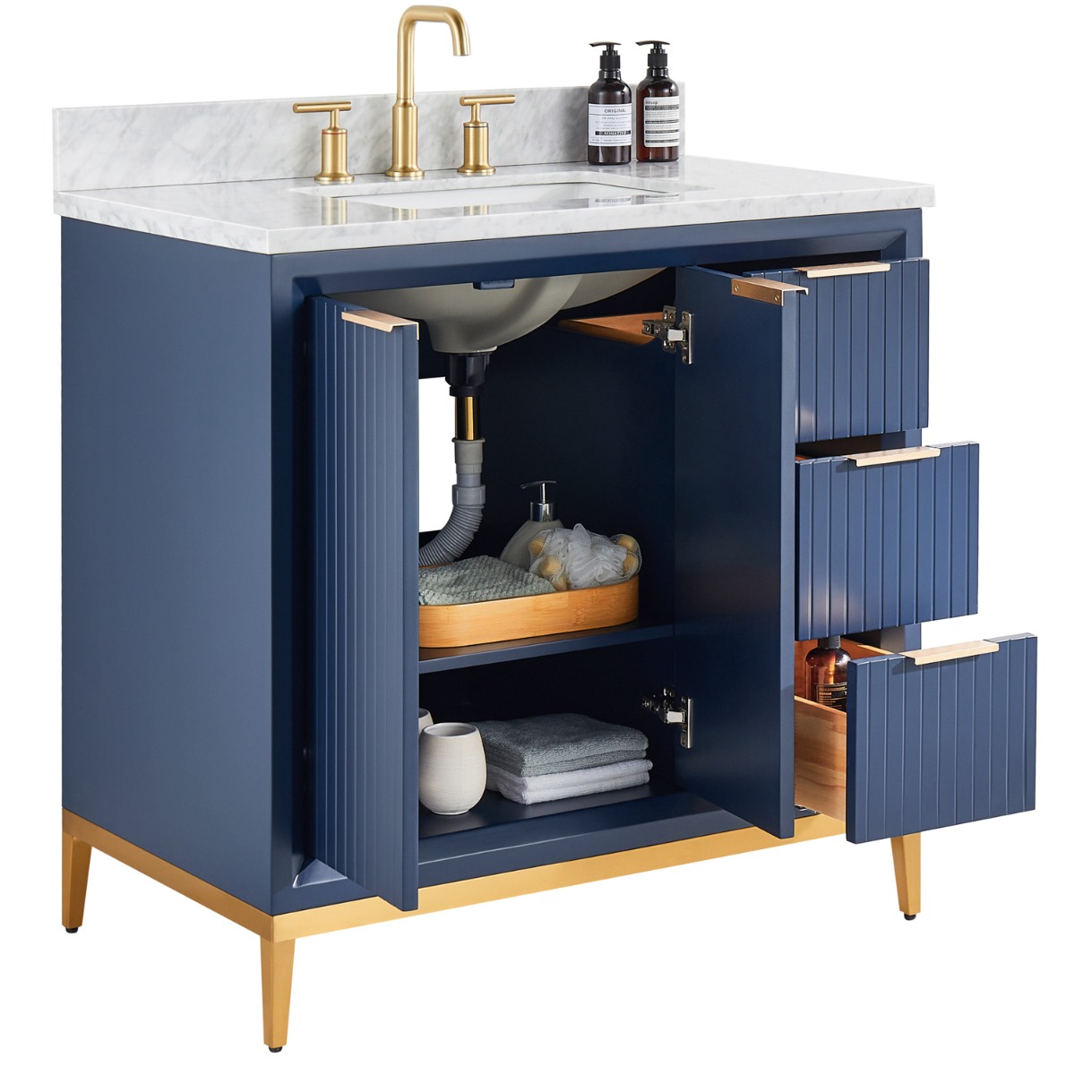 Bungalow Navy and Gold 36" Single Vanity with Carrara Marble Top