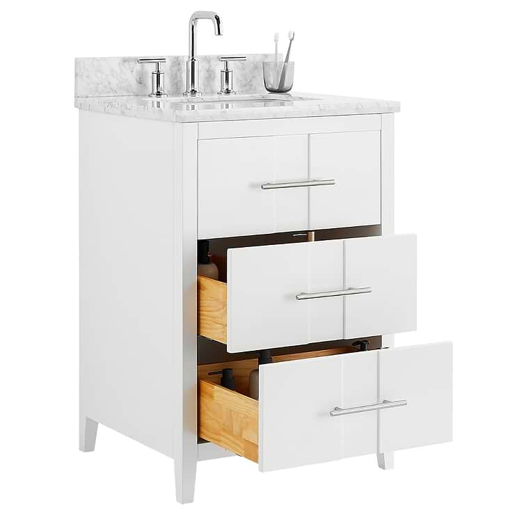 Iconic 24" White and Silver Vanity with Carrara Marble Top and Ceramic Basin