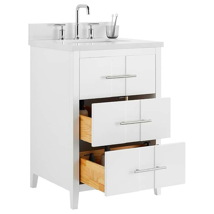 Iconic 24" White and Silver Vanity with Pure White Quartz Top and Ceramic Basin