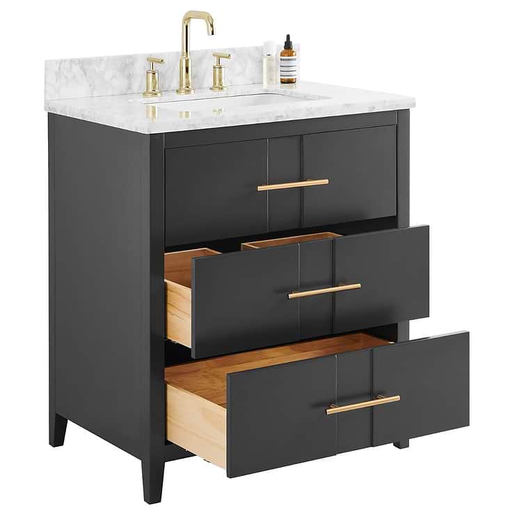 Iconic 30" Charcoal and Gold Vanity with Carrara Marble Top and Ceramic Basin