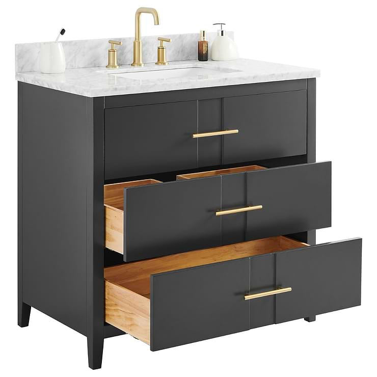 Iconic 36" Charcoal and Gold Vanity with Carrara Marble Top and Ceramic Basin