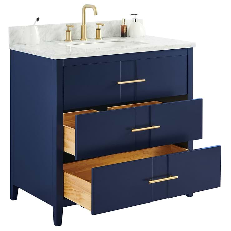 Iconic 36" Navy and Gold Vanity with Carrara Marble Top and Ceramic Basin