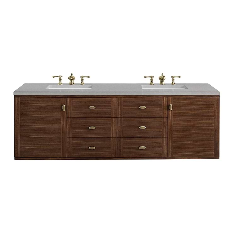 James Martin Vanities Amberly Mid-Century Walnut 72" Double Vanity with Eternal Serena Quartz Top