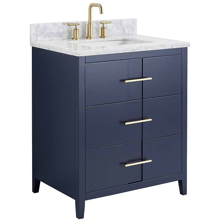 Iconic 30" Navy and Gold Vanity with Carrara Marble Top and Ceramic Basin