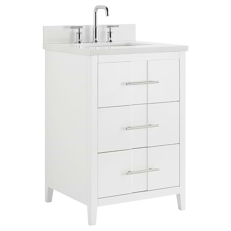 Iconic 24" White and Silver Vanity with Pure White Quartz Top and Ceramic Basin