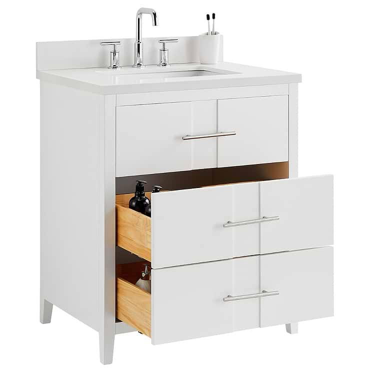 Iconic 30" White and Silver Vanity with Pure White Quartz Top and Ceramic Basin