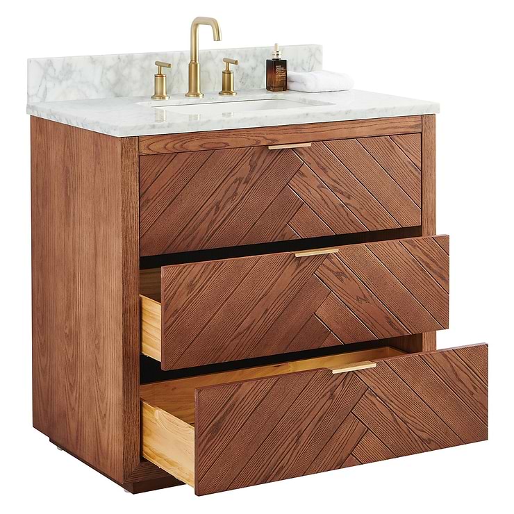 Marilyn 36" Woodgrain Vanity with Carrara Marble Top and Ceramic Basin