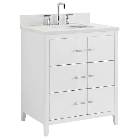 Iconic 30" White and Silver Vanity with Pure White Quartz Top and Ceramic Basin