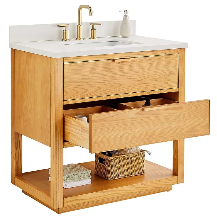 Dayton 36" Woodgrain Vanity with Pure White Quartz Top and Ceramic Basin