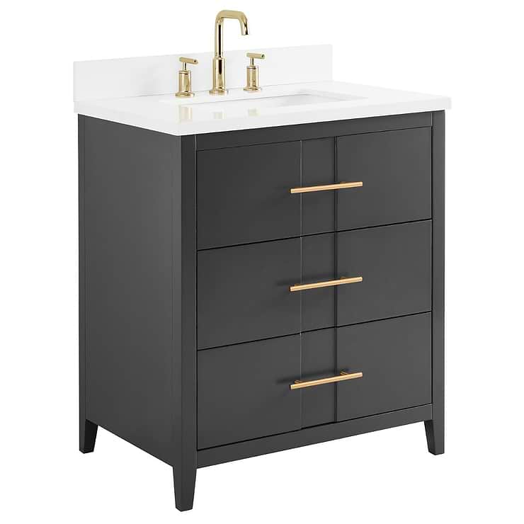 Iconic 30" Charcoal and Gold Vanity with Pure White Quartz Top and Ceramic Basin