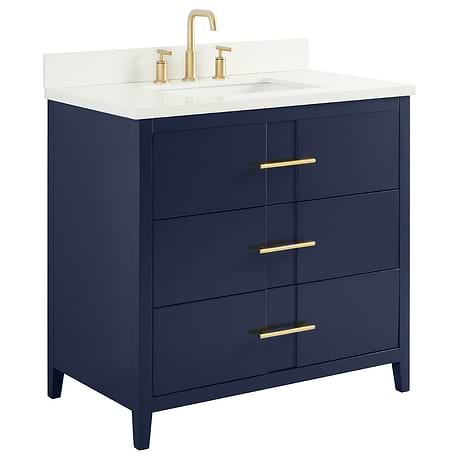 Iconic 36" Navy and Gold Vanity with Pure White Quartz Top and Ceramic Basin