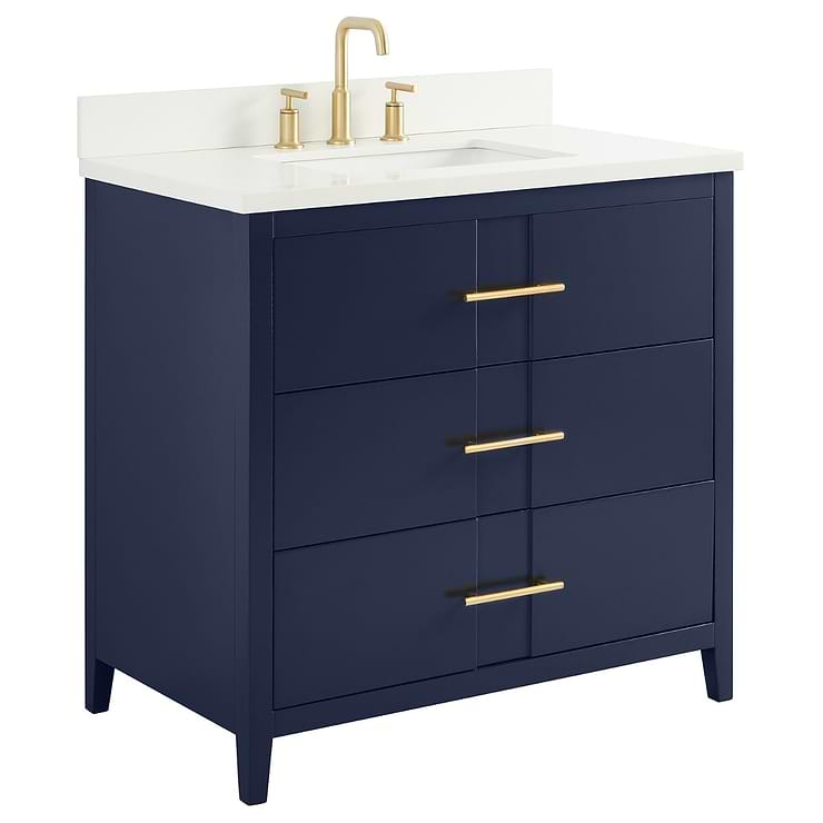 Iconic 36" Navy and Gold Vanity with Pure White Quartz Top and Ceramic Basin