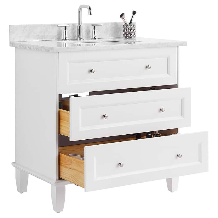 Nora 36" White Vanity with Carrara Marble Top and Ceramic Basin