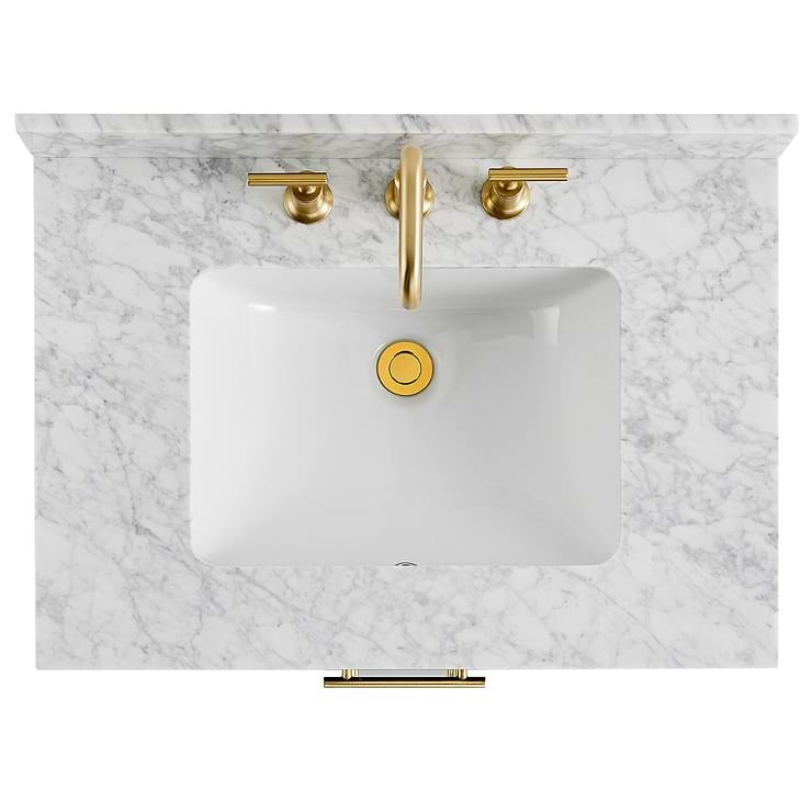 Iconic 30" Navy and Gold Vanity with Carrara Marble Top and Ceramic Basin