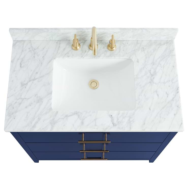 Iconic 36" Navy and Gold Vanity with Carrara Marble Top and Ceramic Basin