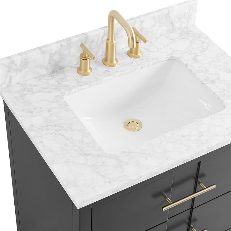 Iconic 30" Charcoal and Gold Vanity with Carrara Marble Top and Ceramic Basin