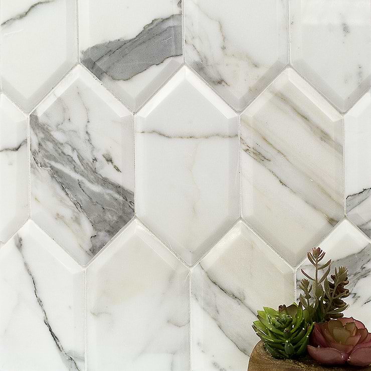 Calacatta 4x8 Beveled Hexagon Polished Marble Tile
