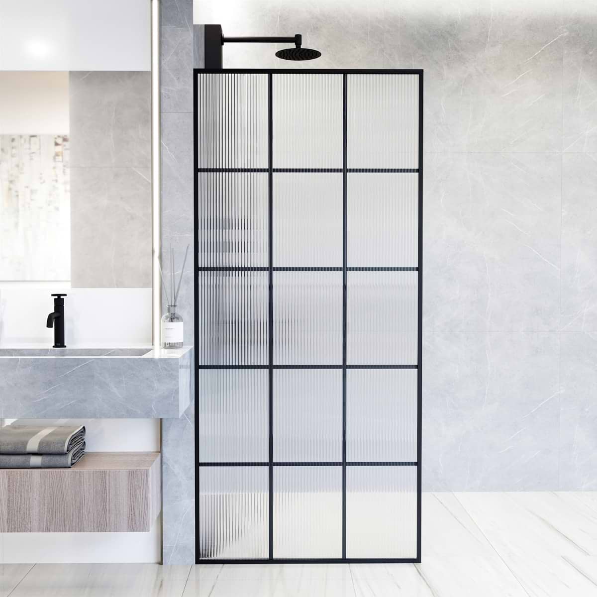 Finestra 34x74" Reversible Fixed Shower Door with Grid Fluted Glass in