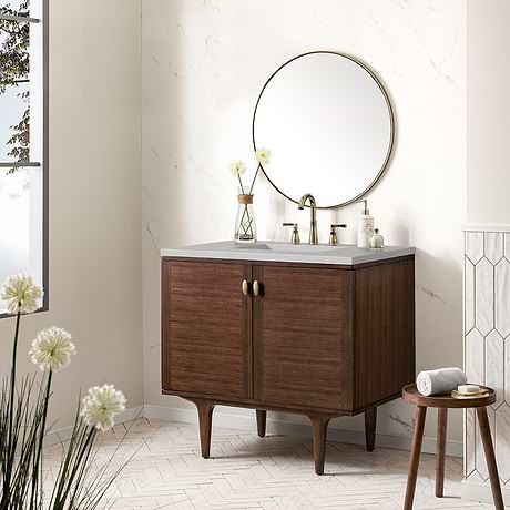 James Martin Vanities Amberly Mid-Century Walnut 36" Single Vanity with Eternal Serena Quartz Top