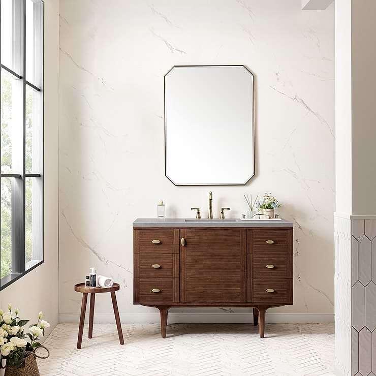 James Martin Vanities Amberly Mid-Century Walnut 48" Single Vanity with Eternal Serena Quartz Top