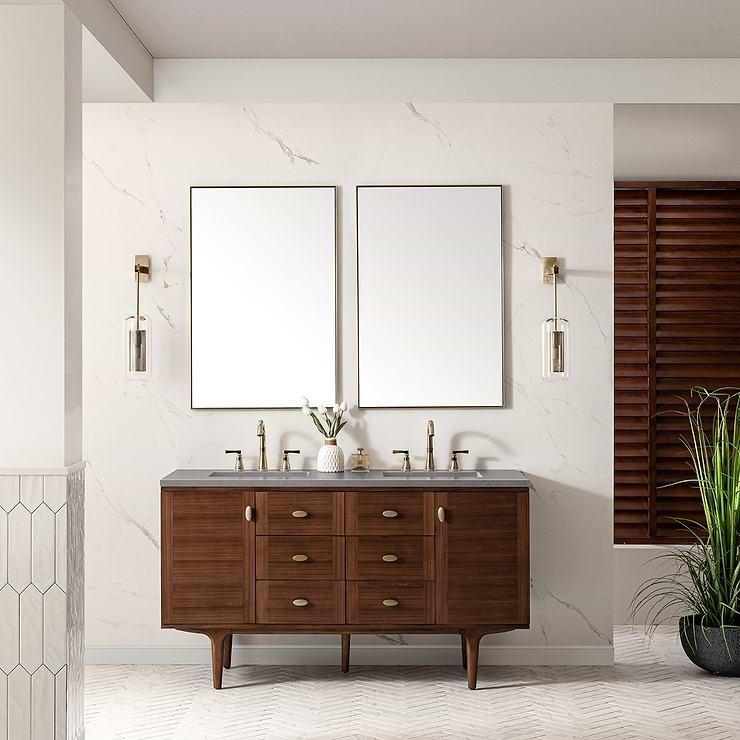 James Martin Vanities Amberly Mid-Century Walnut 60" Double Vanity with Eternal Serena Quartz Top