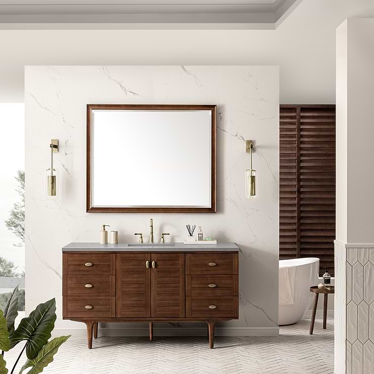 James Martin Vanities Amberly Mid-Century Walnut 60" Single Vanity with Eternal Serena Quartz Top