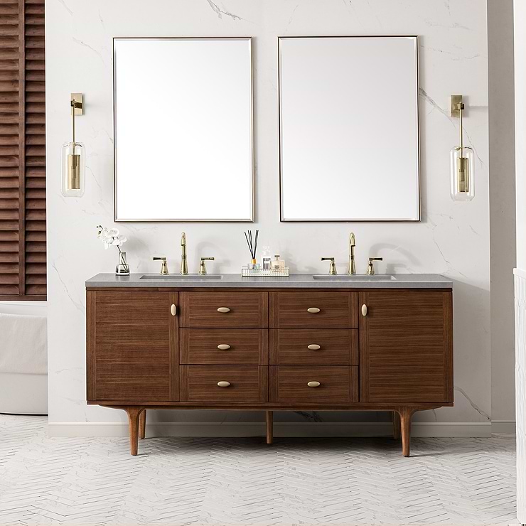 James Martin Vanities Amberly Mid-Century Walnut 72" Double Vanity with Eternal Serena Quartz Top