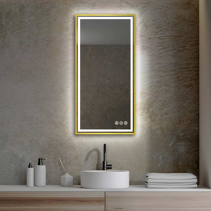 Mage Brushed Gold 18x36" Framed Rectangle LED Mirror