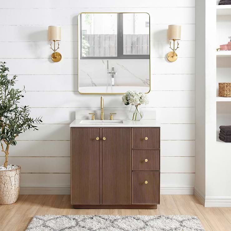 Florencia Brown Oak 36" Single Vanity with Pacific White Quartz Top