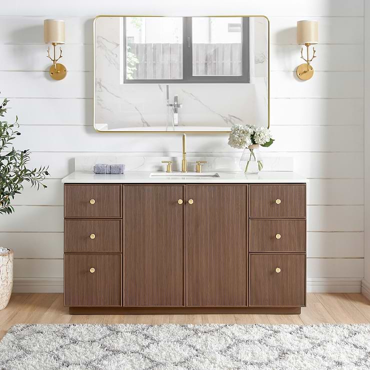 Florencia Brown Oak 60" Single Vanity with Pacific White Quartz Top