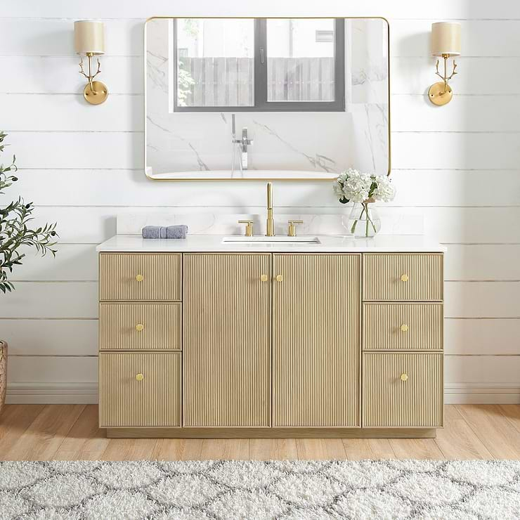 Florencia Blonde Oak 60" Single Vanity with Pacific White Quartz Top