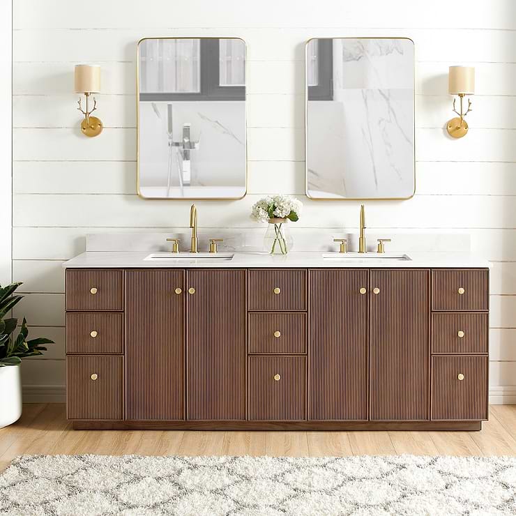 Florencia Brown Oak 84" Double Vanity with Pacific White Quartz Top
